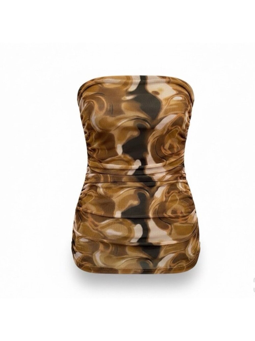Fashion Nova Brown Multicolor Mesh & Stretch Mini Ruched Tube Dress Size L